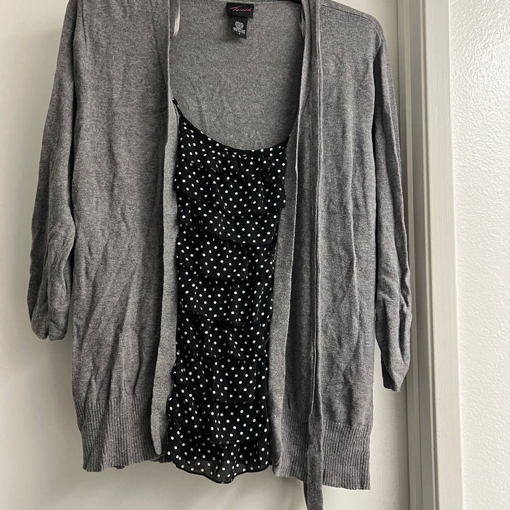 Torrid Gray and Polka Dot Cardigan Sweater Open Front Long Sleeve